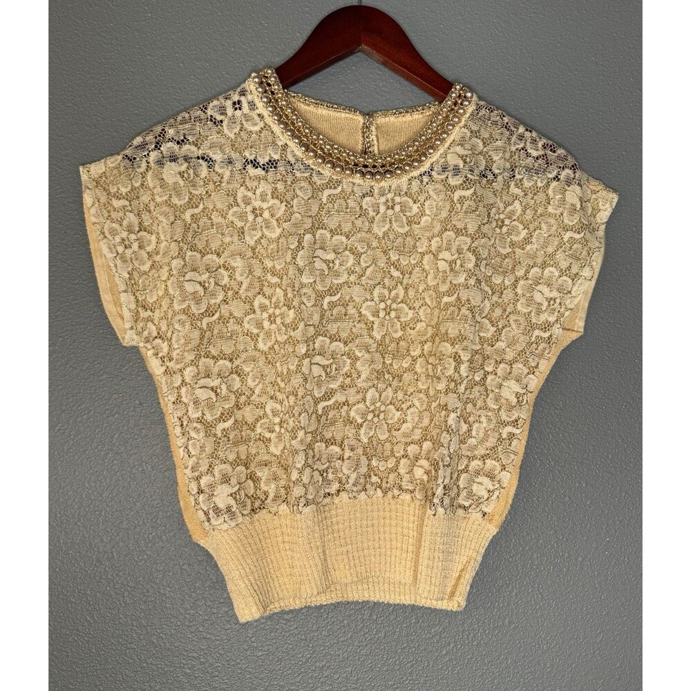 Vintage 1950s Tobi of California Orlon Pearl Lace Sweater Blouse Ivory Gold
